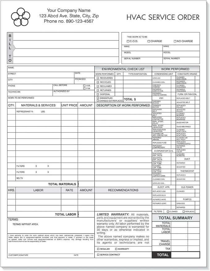 HVAC Service Order Invoice & Repair Detail Form, 3 Part Carbonless, Letter Size by NextDayLabels