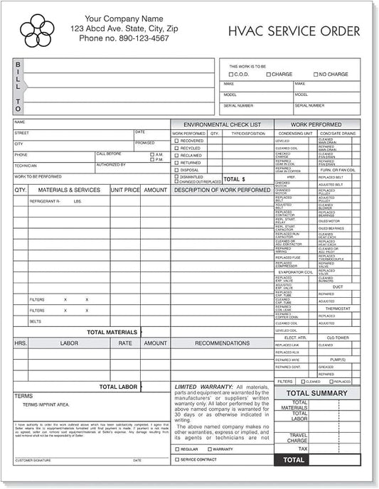 HVAC Service Order Invoice & Repair Detail Form, 3 Part Carbonless, Letter Size by NextDayLabels