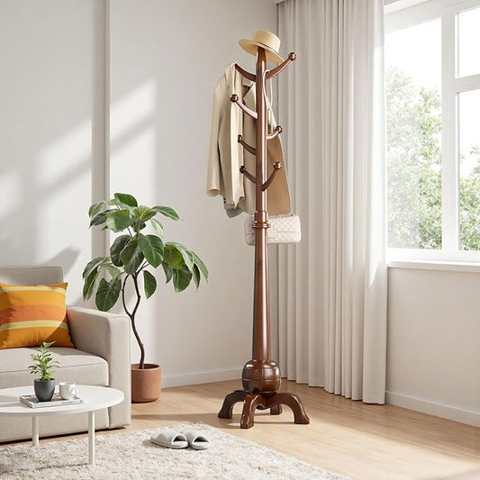 Wood Coat Rack Freestanding, Solid Wooden Hall Tree with 8 Hooks, Coat Tree Freestanding Heavy Duty with Stable Base, Entryway Hallway Bedroom Office Use, 240lbs Load Capacity H:71.6in (Walnut)-DeskLoop Office