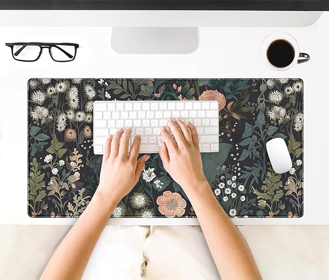 Dark Flower Desk Mat Floral Plants Mouse Pad Boho Aesthetic Wildflowers Large - Image 3