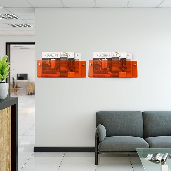2 Pack Orange Acrylic Magazine Holder, Wall Mount Hanging Bookshelf Literature - Image 5