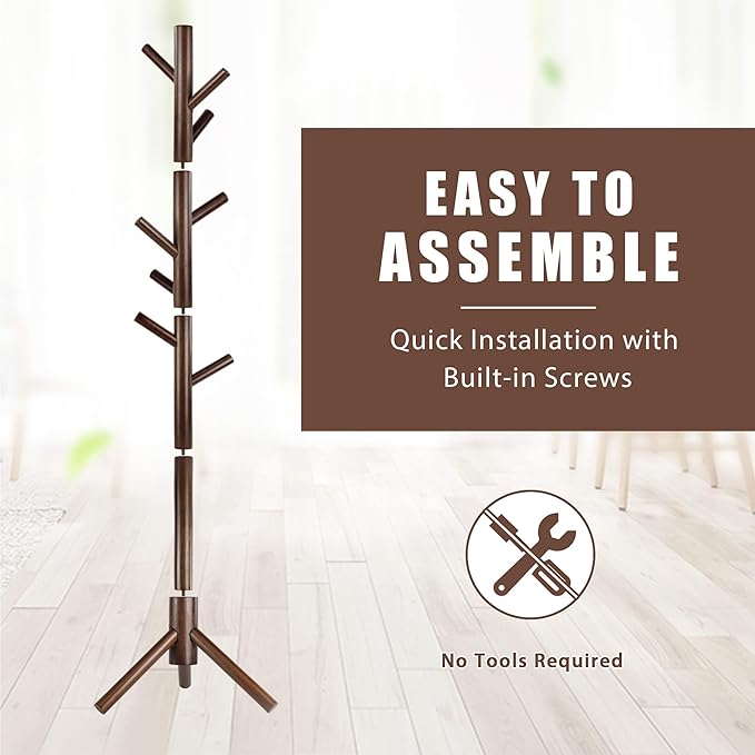Haddockway Wooden Coat Rack Stand with 8 Hooks New Zealand Pine 3 Adjustable Coat Standing Tree Easy Assembly for Coats, Hats, Scarves and Handbags for Entryway, Hallway, Bedroom, Office-DeskLoop Office