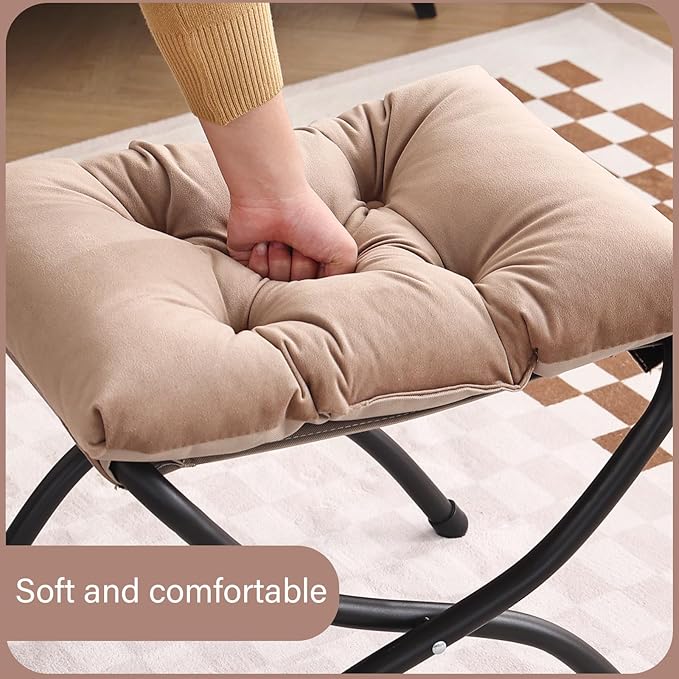 LITA Folding Upholstered Footrest Stool, Modern Small Portable Accent Ottoman with Detachable Thick Cotton Cushion Padded Sofa Stool with Metal Frame for Lazy Chair, Living Room & Bedroom, Khaki-DeskLoop Office
