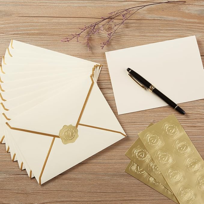 50 Pack A4 Gold Envelopes with Folded Cards, Cream Color, 4x6 | Gold Stickers - Image 3