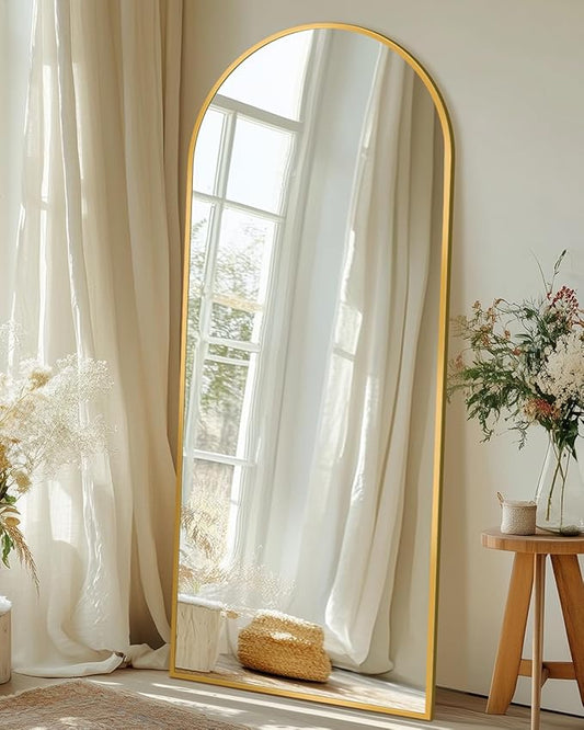 Full-Length Floor Mirror with Stand, 58"x19" Arched Style Full Body Standing Mirror for Bedroom, Living Room, Gym, Dorm - Shatter-Resistant & Easy Assembly, Gold-DeskLoop Office