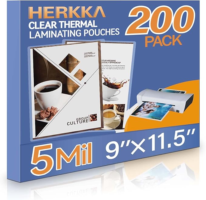 HERKKA 200 Pack Laminating Sheets, Holds 8.5 x 11 Inch Sheets, 5 Mil Clear Thermal Laminating Pouches 9 x 11.5 Inch Lamination Sheet Paper for Laminator, Round Corner Letter Size-DeskLoop Office