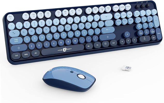 FOPETT Wireless Keyboard and Mouse Combo - 2.4G Full-Sized Cute Colorful Mouse and Keyboard with 104 Round Keys Retro Typewriter Keyboard for Laptop/Windows/PC - Blue Gradient-DeskLoop Office