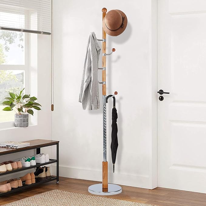 Wooden Coat Rack Freestanding, Vintage Coat Racks with Sturdy Round Base, Adjustable Height 37.40"-72.83" Entrance Coat Rack for Bedroom Living Room Entryway (Solid Wood Metal Hook)-DeskLoop Office