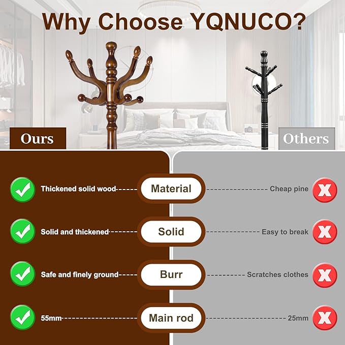 Solid Wood Coat Stand, Freestanding with Stable Base, 70" Birch Coat Tree Organizer for Home, Bedroom, Office, Hallway & Entryway with 11 Hooks-DeskLoop Office