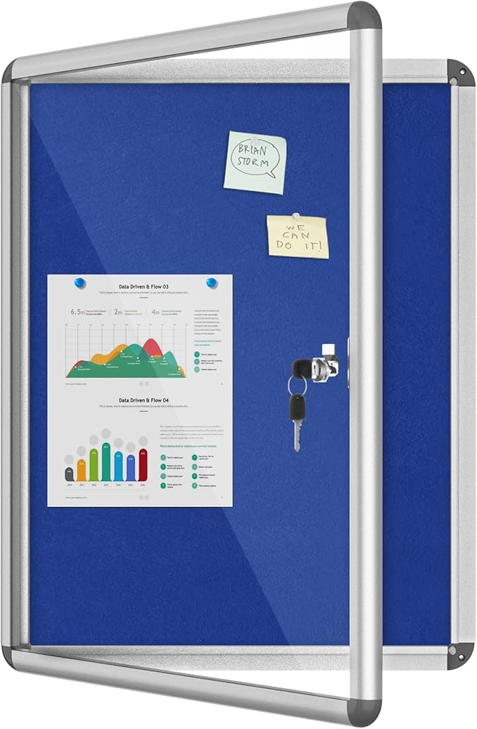 26"x20" Enclosed Bulletin Board, Lockable Weather-Resistant Aluminum Cork Noticeboard for School & Office, Silver Frame w/Blue Flet-DeskLoop Office