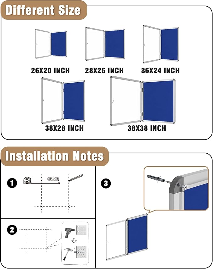 38"x28" Enclosed Bulletin Board, Lockable Weather-Resistant Aluminum Cork Noticeboard for School & Office, Silver Frame w/Blue Flet-DeskLoop Office