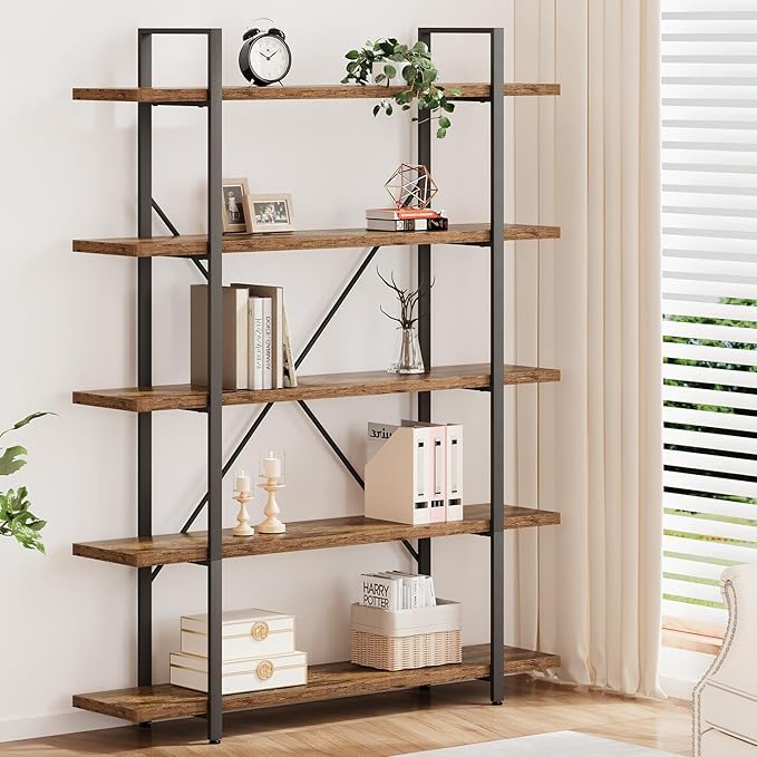 HSH Rustic Bookcases and Book Shelves 5 Shelf, Metal Wood 5 Tier Bookshelf and Storage Book Rack, Vintage Large Book Shelf for Bedroom Living Room Office,Open Vertical Display Etagere Book Case, Brown-DeskLoop Office