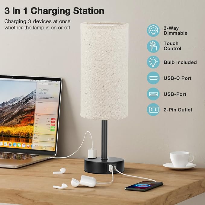 Fenmzee Beige Touch Table Lamp for Bedroom - Image 3