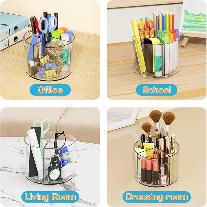Acrylic Pen Holder, 360 Degree Marker Organizer for Desk, Rotating Desk Storage With 4 Compartments, Art Supply Crayon Holder for Office School Home, Clear-DeskLoop Office