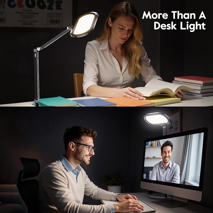 Eye-Caring Desk Lamp for Home Office – LED Soft Light with Knob Remote, Stepless Dimming & Color, Memory, Metal Table Lamp for Zoom, Studying, Video Conference, Flicker-Free, Glare-Free-DeskLoop Office