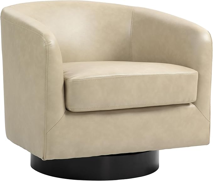 UIXE Faux Leather Swivel Accent Chair with Wood Base, Modern Upholstered Barrel Chairs for Living Room, Comfy Round Armchair Single Sofa Bedroom Reading Seat - 31" W, Cream-DeskLoop Office