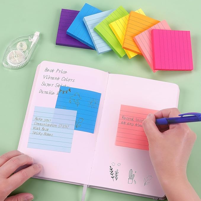 Eastern Wolf 8 Pads Lined Sticky Notes 3x3 Sticky Notes with Lines Self-Stick Note Pads 8 Bright Multi Colors, 85 Sheets/Pad-DeskLoop Office