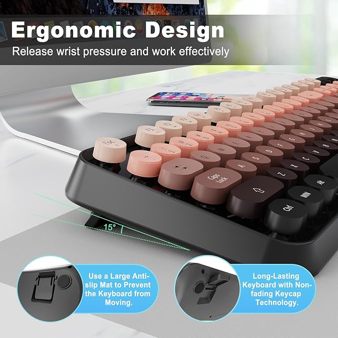 FD Wireless Keyboard and Mouse Combo - 2.4G Full-Sized Cute Colorful Mouse and Keyboard with 104 Round Keys Retro Typewriter Keyboard for Laptop/Windows/PC - Black Gradient-DeskLoop Office