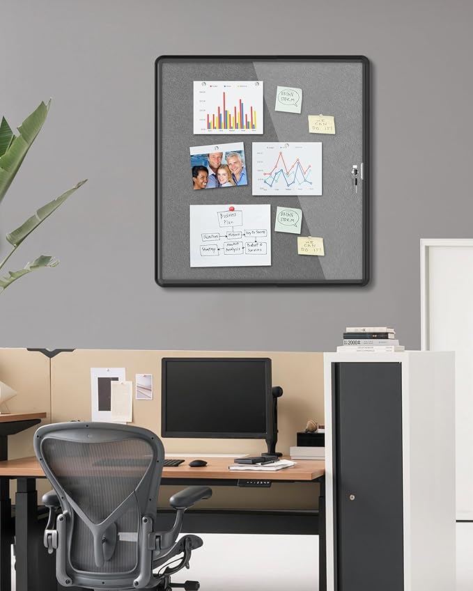 28"x26" Enclosed Bulletin Board, Lockable Weather-Resistant Aluminum Cork Noticeboard for School & Office, Black Frame w/Grey Flet-DeskLoop Office