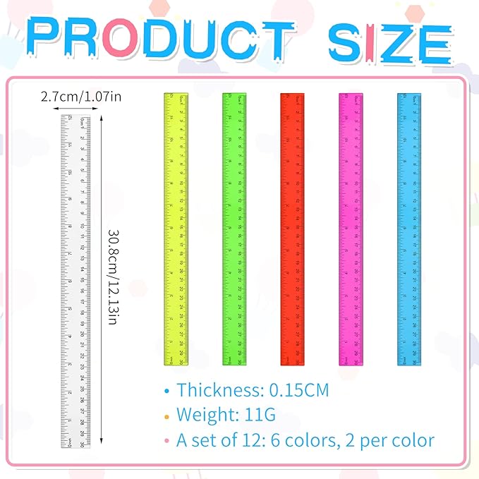 12 Pack Color Transparent Ruler Bulk 12 Inch Clear Plastic Rulers Kids Ruler with Centimeters and Inches Straight Measuring Drafting Tools for Classroom School Students Families Education