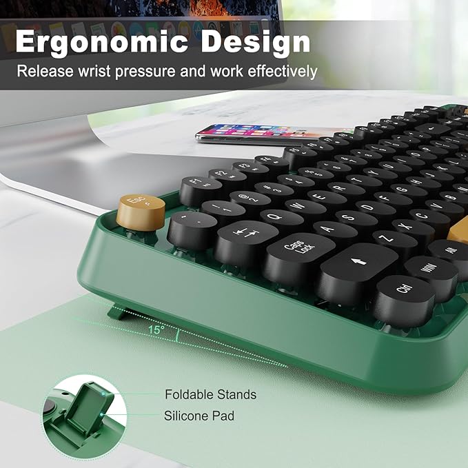 FOPETT Wireless Keyboard and Mouse Combo, 104 Keys Full-Sized 2.4 GHz Round Keycap Colorful Keyboards, USB Receiver Plug and Play, for Windows, Mac, PC, Laptop, Desktop (Black Green)-DeskLoop Office