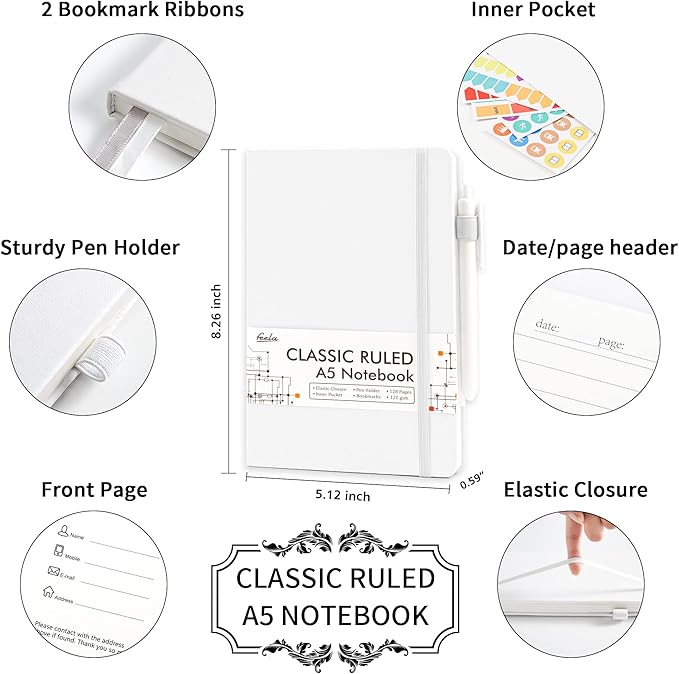 feela College Ruled Notebooks, 24 Pack Business Notebook Hardcover Lined Writing Journal with Pen Holder for Men Women Note Taking, with 24 Black Pens, 120 GSM, 5.1”x8.3”, A5, White-DeskLoop Office
