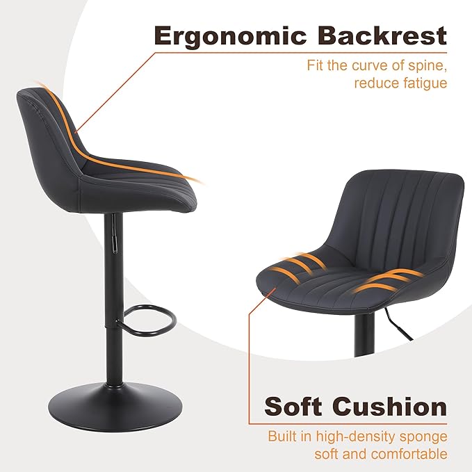 Bar Stools Set of 2, Swivel Counter Height Barstools with Back, Adjustable PU Leather Bar Chairs, Modern Armless Kitchen Island Stool, Black-DeskLoop Office