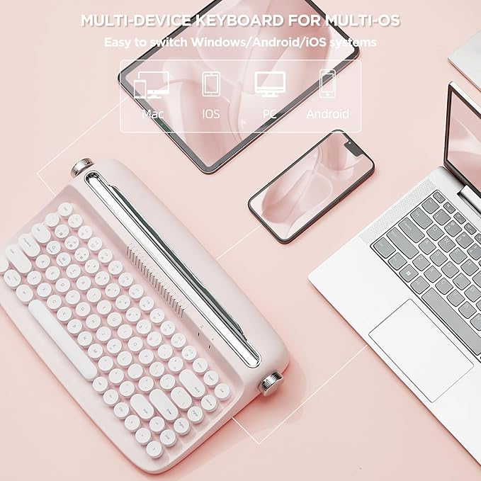 YUNZII ACTTO B303 Wireless Typewriter Keyboard, Bluetooth Connection, Cute Retro Aesthetic Design with Integrated Stand for Tablet, Phone, PC and Win/Mac/Android(B303, Baby Pink)-DeskLoop Office