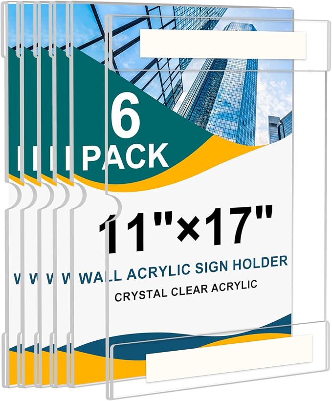 Acrylic Sign Holder 11 x 17 inches Wall Mount, 6 Pack Adhesive Vertical Wall by Arrobust