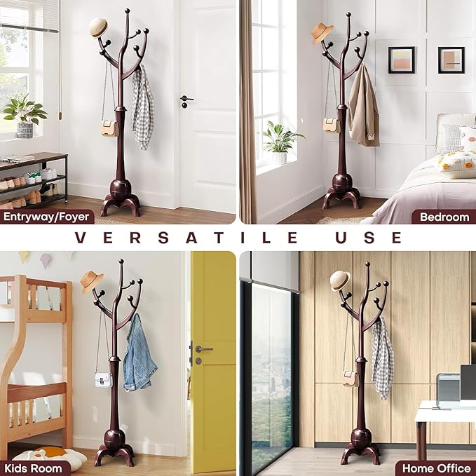 Coat Rack Freestanding Wood Tree Rack with 8 Hooks, Creative Design Tree Branch-look, Coat Tree Clothes Hanger Stand with Stable Sphere Base for Entryway, Hallway, Bedroom (Wine Red)-DeskLoop Office