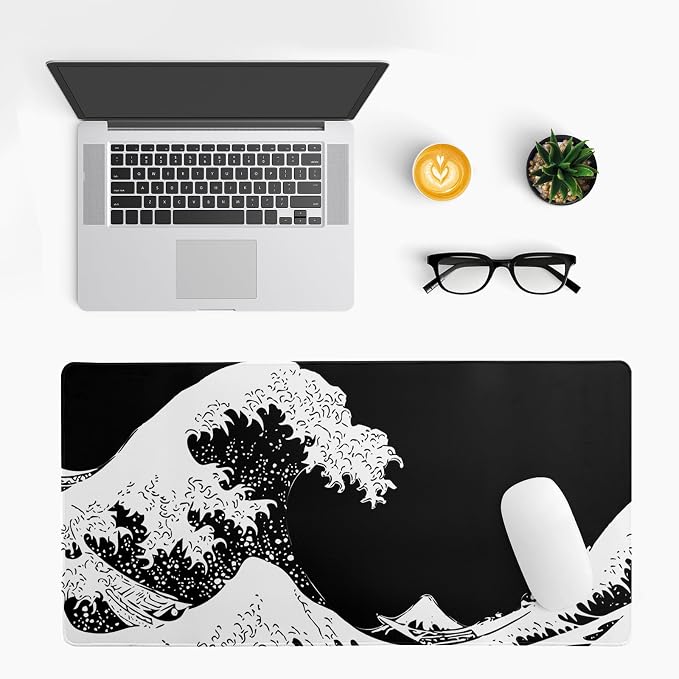 Japanese Sea Wave Large Mouse Pad, Abstract Black Gaming Mousepad, Extended - Image 3