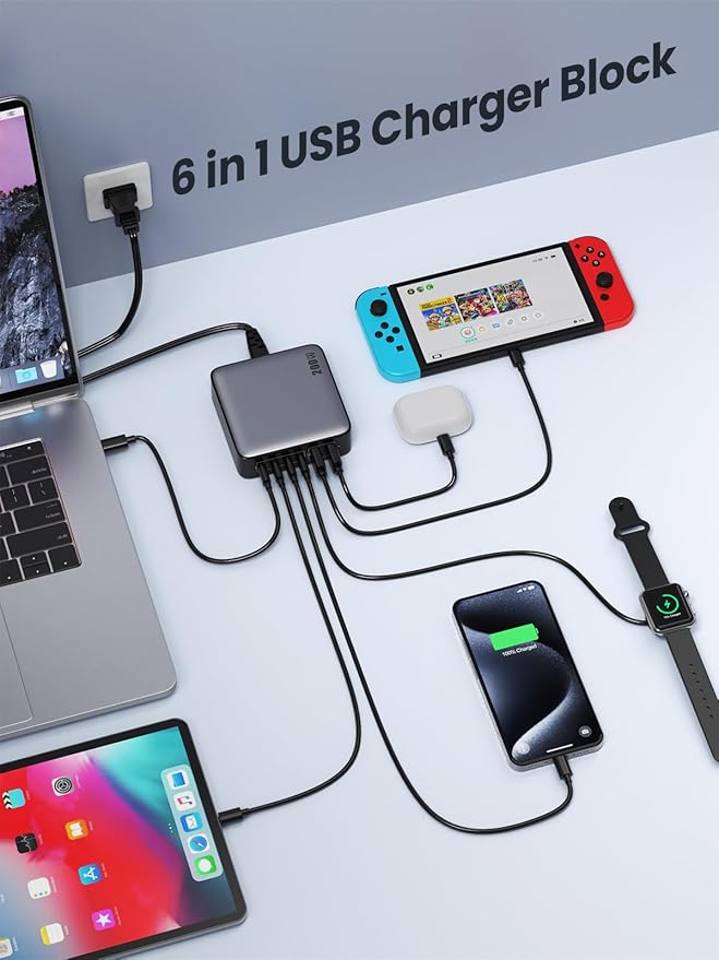 USB C Charger Block 200W[2025 Upgraded] GaN III 6 Port Fast Charging Station Hub,PD 65W USB C Laptop Charger Compatible with MacBook Pro/Air,iPad,iPhone 16/15,Galaxy S23/S24 Steam Deck Dell XPS etc-DeskLoop Office