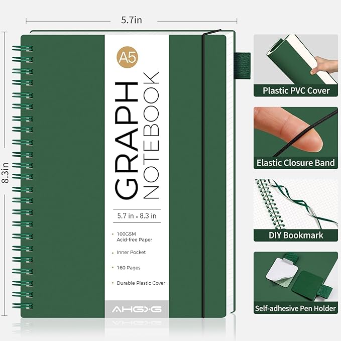 AHGXG Graph Paper Notebook - Spiral Notebook Journal 160 Pages, A5 Graph Notebook 5.7" x 8.3", 100 gsm Thick Grid Paper, Waterproof Plastic Cover, for School Writing Engineering Math, Green-DeskLoop Office