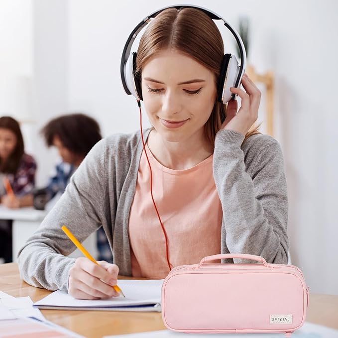 MAMUNU Pencil Case Large Capacity with 3 Compartments, Pencil Case Pouch Bag with Zipper Handle Portable Pen Stationery Organizer for Teen Girls Adults College School Office Travel, Pink-DeskLoop Office