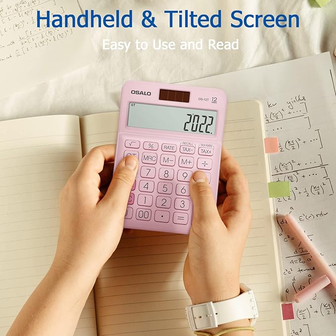 Pocket Small Size Desk Calculator, 12 Digit Large LCD Display, Basic Tax Function Handheld Desktop Calculator with Solar Battery Dual Power, Perfect for Office, School, Business OS-12T (Pink)-DeskLoop Office