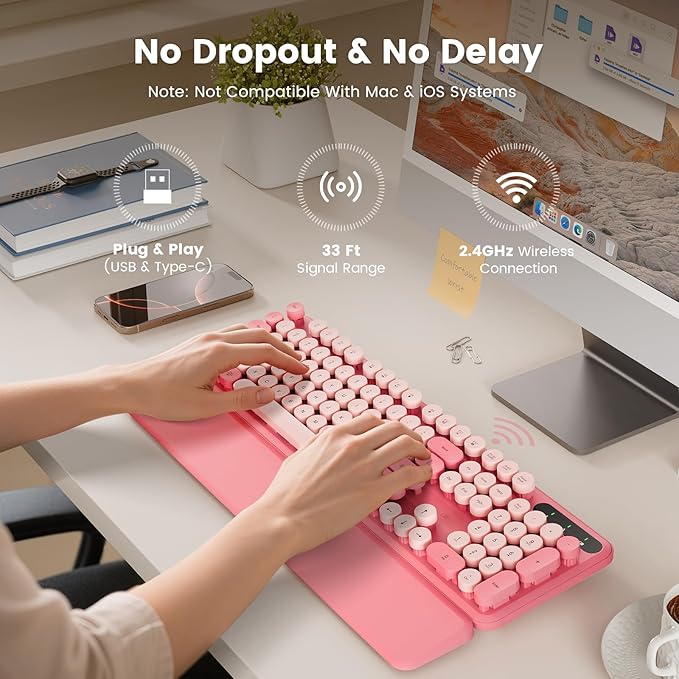 Wireless Keyboard, Round Keycaps, Retro Typewriter Keyboard with Detachable Wrist Rest, Sleep Mode, Foldable Legs, 2.4GHz Full-size Cordless Computer Keyboard for Windows/PC/Laptop (Baby Pink)-DeskLoop Office
