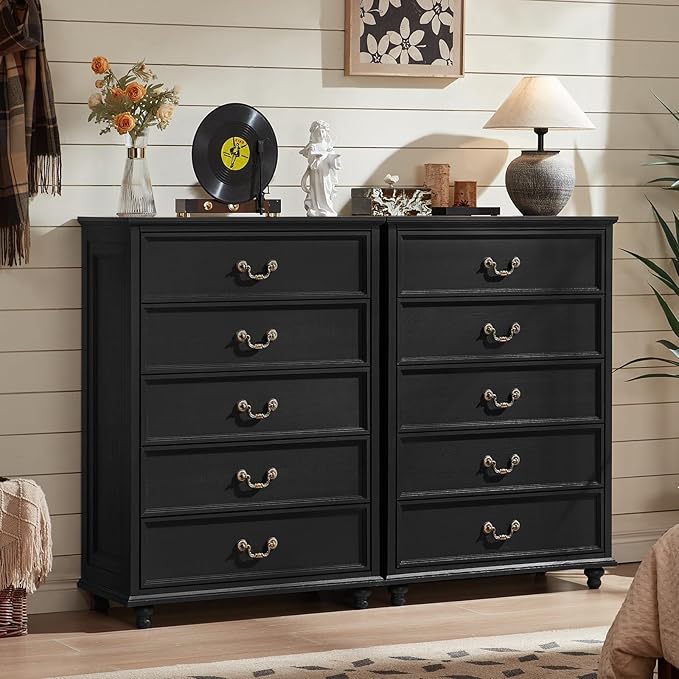 Farmhouse 5 Drawer Dresser Set of 2 for Bedroom, 45" Tall Rustic Chests of Drawers w/ 4 Solid Wood Feet, Vintage Mid Century Wooden Closet Storage Dressers Organizer for Living Room, Black-DeskLoop Office