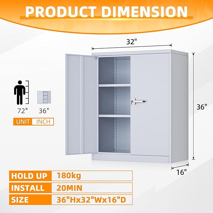 INTERGREAT Metal Cabinet with Lock, Lockable Metal Storage Cabinets with Doors and Shelves for Garage, Cement Grey Locking Garage Storage Cabinets 36"×32"×16"-DeskLoop Office