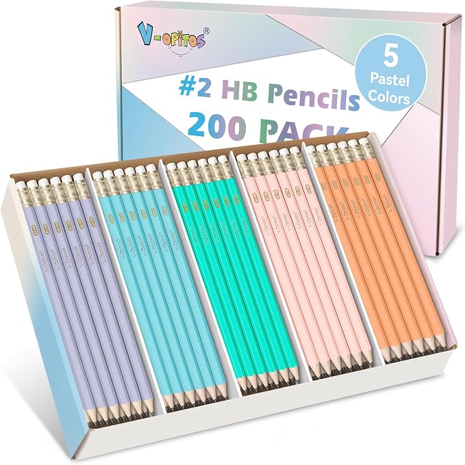 V-Opitos 200 Pack #2 HB Pencils, Bulk Wood-Cased Pre-Sharpened Pastel Color by Wearecommittedtotheresearchandproductionofhigh-qualitykidstoysschoolofficesuppliesandholidayproducts