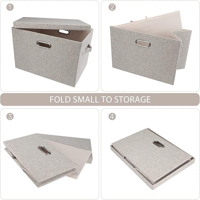 Large 17" 36 Quart Collapsible Stackable Storage Bins with Lids, 5 Packs Beige Linen Fabric Closet Boxes with Lids, Storage Cube Baskets Container Organizers for Bedroom Office(17 x12 x11)-DeskLoop Office