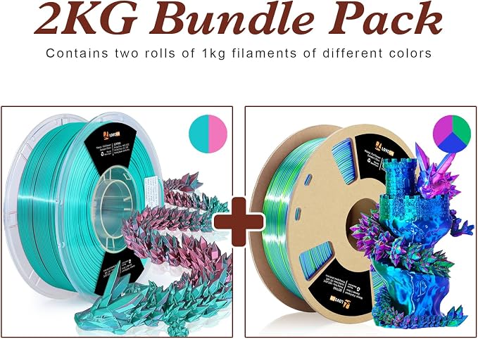 LOVOON Silk PLA 3D Printer Filament Bundle 2 KG, PLA Filament 1.75mm, Shiny - Image 2
