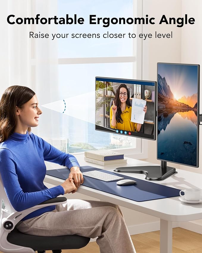 HUANUO 32 inches Dual Monitor Stand up to 17.6lbs per Arm, High-Grade Aluminum Free-Standing Dual Monitors Mount for 2 Screens. Fully Adjustable Dual Monitor Stand for Desk with Tilt, Swivel, Rotation-DeskLoop Office