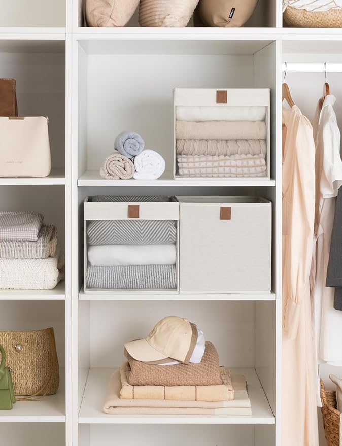 StorageWorks 11x11 Storage Cubes, Closet Storage Bins with Clear Window, Fabric Organizer for Clothes, Collapsible Storage Baskets with PU Handles, Beige, 3-Pack-DeskLoop Office