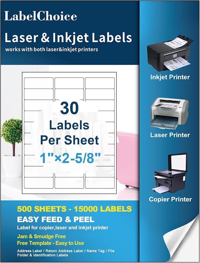 500 Sheets 15000 Pcs 30 Up Labels 1" x2-5/8 Shipping Address Labels by LabelChoice