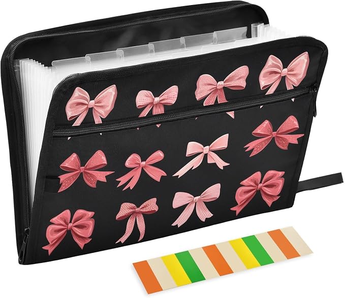 Expanding File Folder Pink Red Bow Black Accordion File Organizer 13 Pockets by ALAZA