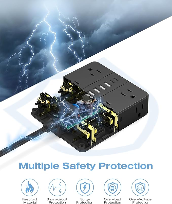 Flat Plug Power Strip, AOFO 5 Ft Extension Cord with 12 Outlets & 6 USB Ports (4 USB-A, 2 USB-C), Surge Protector, Ideal for Home, Office, Dorm, Large Spaces, Reliable and Safe, Black-DeskLoop Office