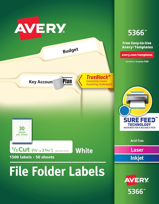 Avery TrueBlock File Folder Labels, 2/3" x 3-7/16", 5 Packs, 500 Printable by Avery
