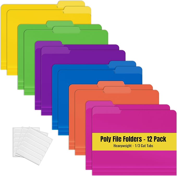 Better Office Products Heavyweight Poly File Folders, 1/3 Cut Tabs, 12 Pack by BetterOfficeProducts