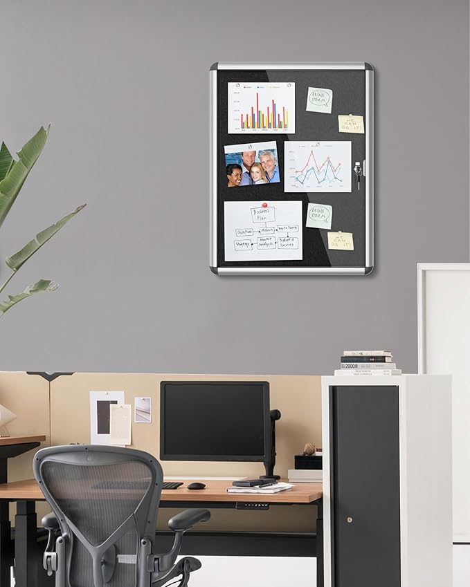 26"x20" Enclosed Bulletin Board, Lockable Weather-Resistant Aluminum Cork Noticeboard for School & Office, Silver Frame w/Black Flet-DeskLoop Office