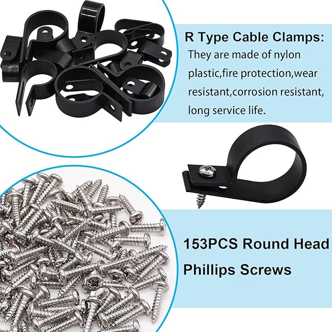 TWTADE 306PCS Black Cable Clamps Nylon Plastic R-Type 6 Sizes 3/16'' 1/4'' - Image 4